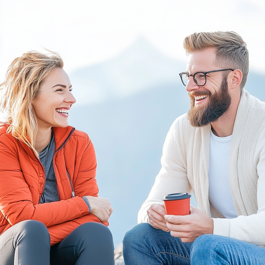 Eine Frau und ein sitzen zusammen und trinken ein Kaffee. Im Hintergrund ist ein Berg zu sehen.