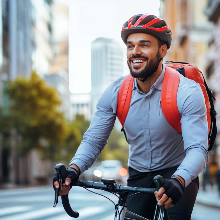 Ein Mann auf einem Fahrrad mit Rucksack und Fahrradhelm. Im Hintergrund ist eine Stadt zu sehen.