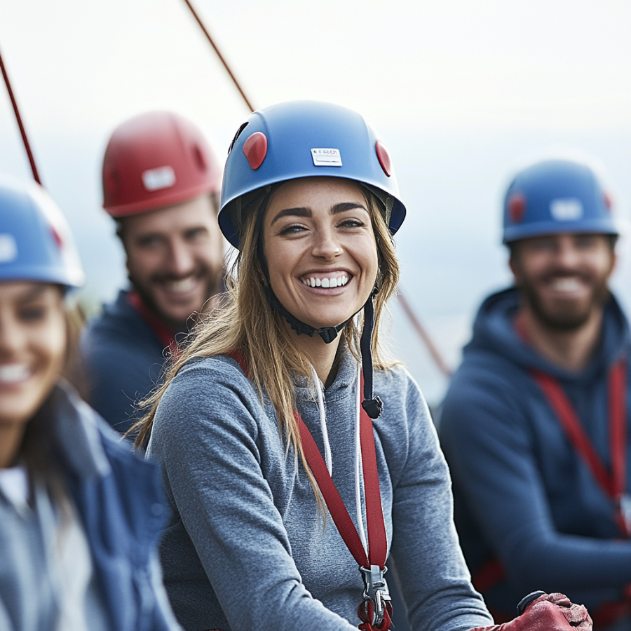 Eine Gruppe von vier Personen die alle einen Helm und Ausrüstung zum Klettern anhaben.