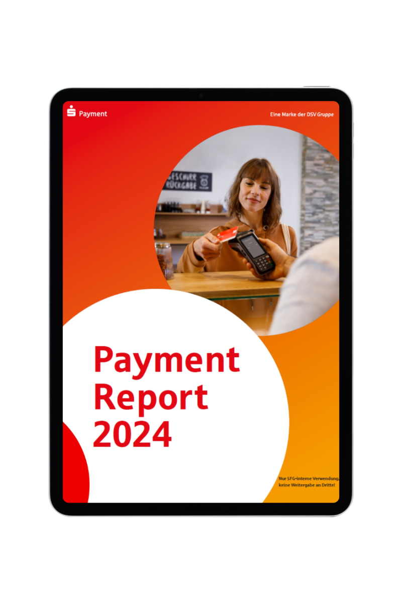 Das Cover des Payment Reports 2024 auf einem iPad im Hochformat.