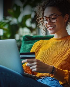 Frau beim Online-Shopping zu Hause mit Laptop und Kreditkarte