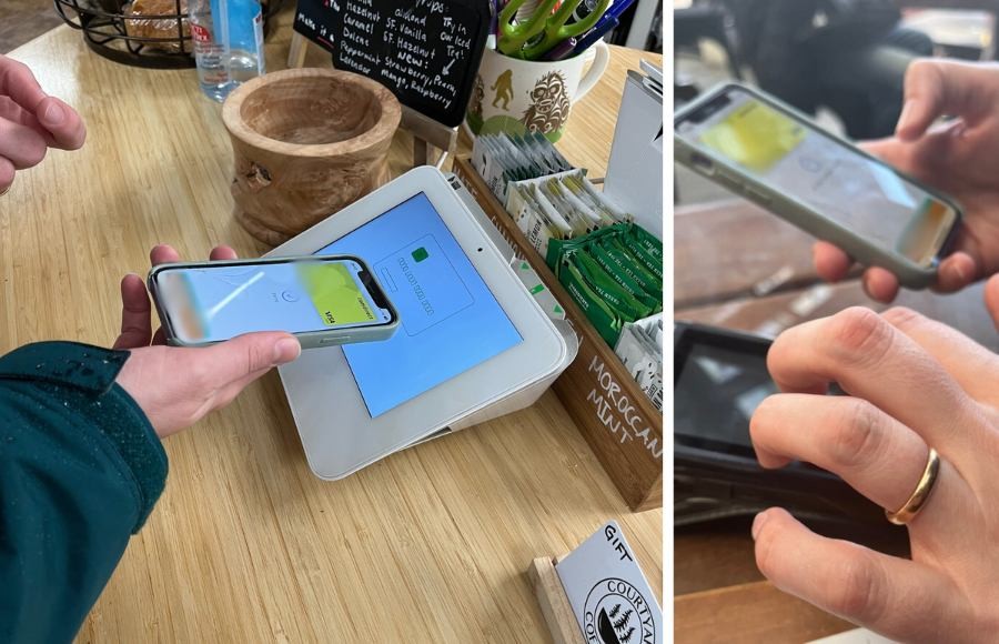 Foto-Collage mit zwei Bildern. Das linke zeigt eine Hand mit Smartphone, das einen Bezahl-Terminal in einem Café gehalten wird. Das rechte zeigt ebenfalls ein Smartphone, auf dem Apple Pay geöffnet ist, im Hintergrund ist ein Bezahl-Terminal und die Rechnung in einem Restaurant zu sehen.