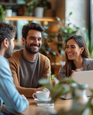 Gemischte Gruppe sitzt bei einem Kaffee am Tisch und unterhält sich Blog: Interne Kommunikation: Der Booster für Teamgeist