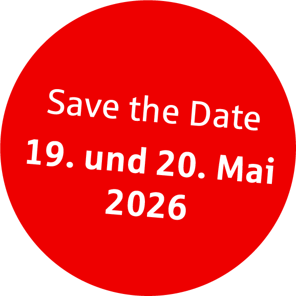 roter Kreis mit weißer Schrift: Save the Date 19. und 20. Mai 2026 Payment-Symposium 2025 Rückblick